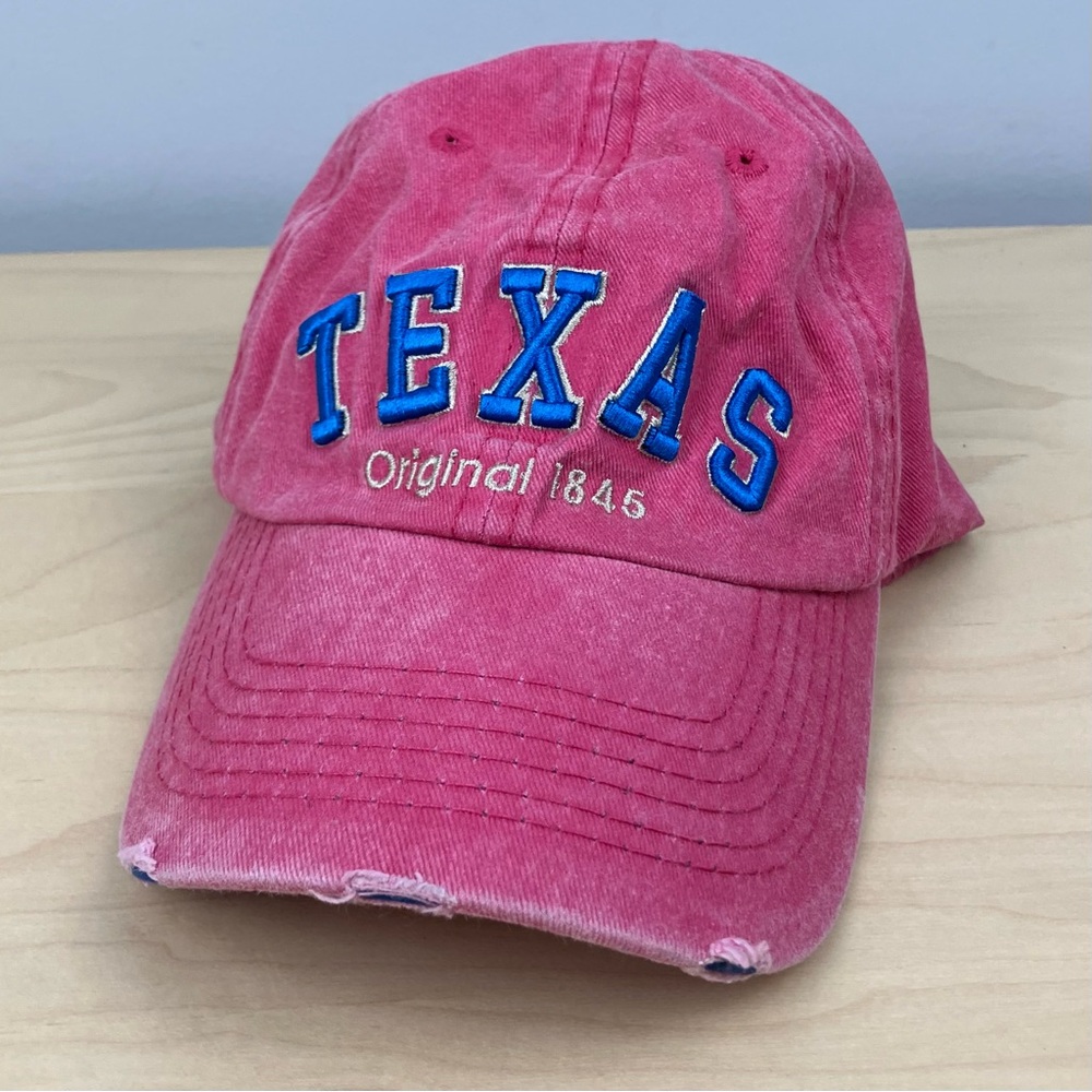 Robin Ruth Women’s Texas Strapback Hat Pink Blue Embroidered Logo Distressed Cap